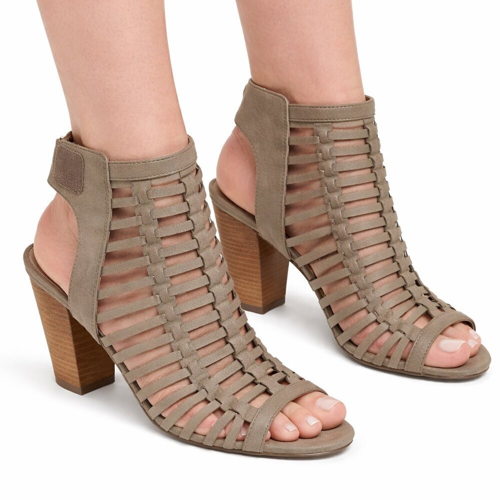 Mireimma Taupe Caged Gladiator Heels Size 10 | Block Heel Sandals | Brand New,